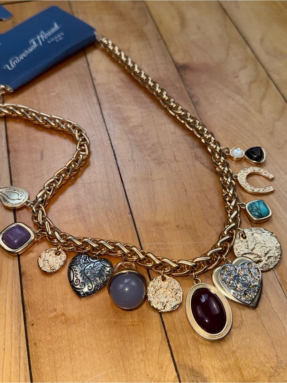 Universal Thread Gold Tone Charm Necklace NWT Boho Heart Coin Moon Faux Stone